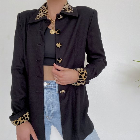 Vintage Jackets & Blazers - 80s Black Cheetah Print Trim Peacoat